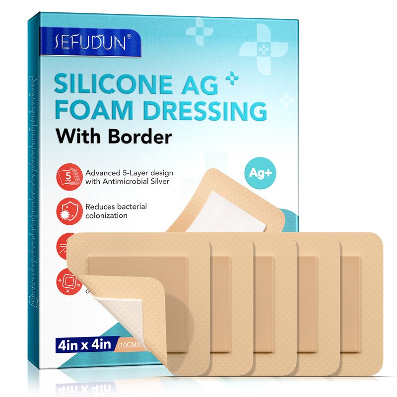 Foam Dressing - 5 Packs 4"x4" Waterproof Sterile Silicone AG Border Adhesive