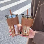 Insulated Glass Drinkware Manufacturer - Double Drink Straw Cup with Leather Cover