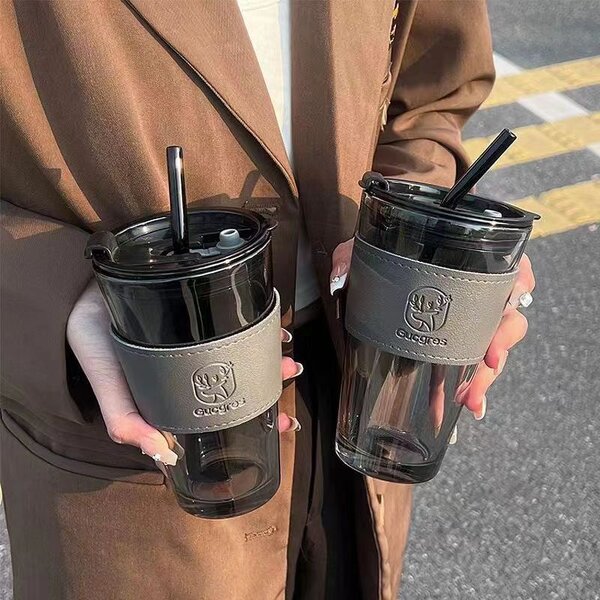 Insulated Glass Drinkware Manufacturer - Double Drink Straw Cup with Leather Cover
