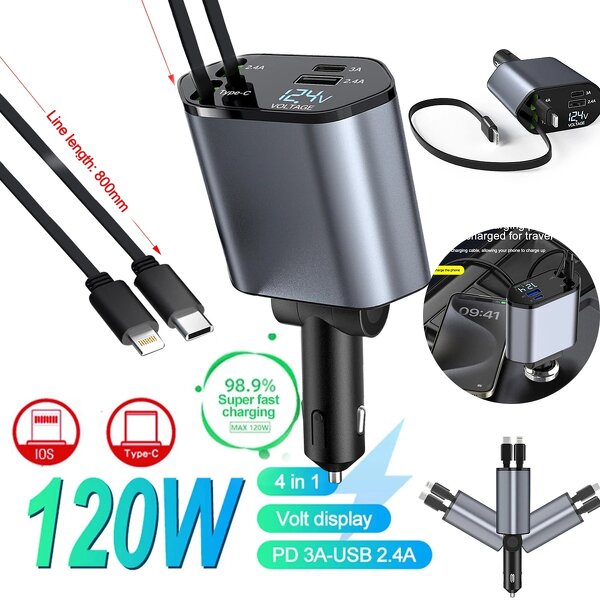 Car Charger - Manufacturer - PD QC3.0 120W Retractable 4-in-1 Cigarette Lighter USB C
