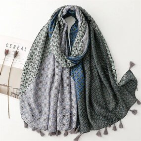 Stitching Geometry Scarf - Manufacturer - 2023 New Fashion Cotton Flower Printed Tassel Hijab
