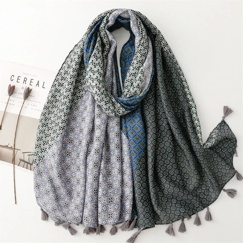 Stitching Geometry Scarf - Manufacturer - 2023 New Fashion Cotton Flower Printed Tassel Hijab