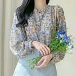 Blouse Manufacturer - Floral Long Sleeve Stand Collar Button