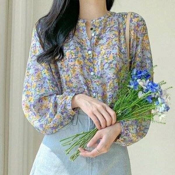 Blouse Manufacturer - Floral Long Sleeve Stand Collar Button