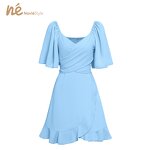 Women's Midi Dress - Manufacturer - Custom Boat Neck Solid Waist Ruffle Eco Woven Summer