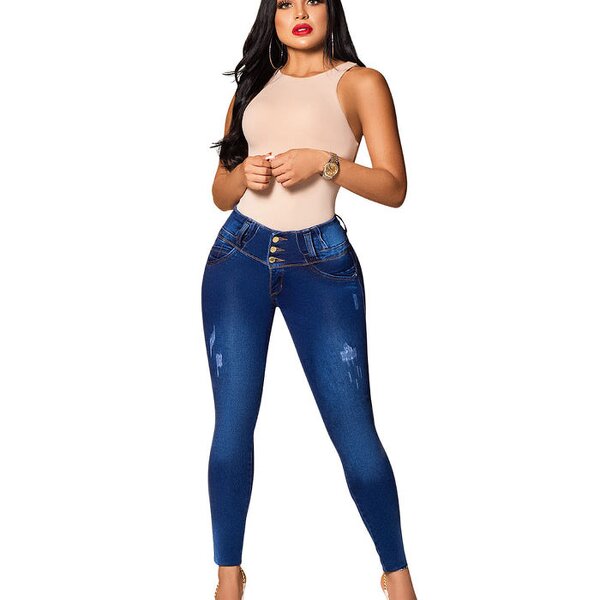 Colombian Stretch Fitness Jeans - Manufacturer - High Waist Skinny Butt Lifting Light Blue Denim