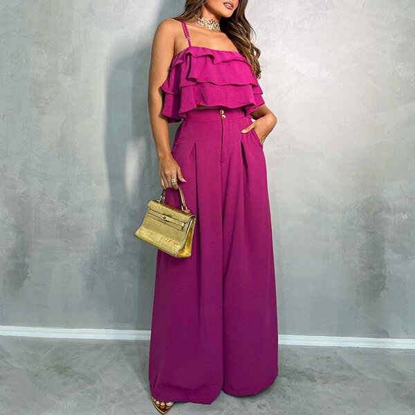 Ruffle Camisole Pants Suit - Manufacturer - European American 2024 Casual Wide Leg Trousers