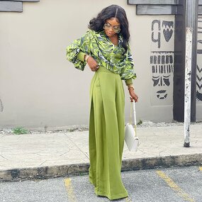 Printed Lantern Sleeve Suit - Manufacturer - 2024 Spring European American Wide Leg Trousers