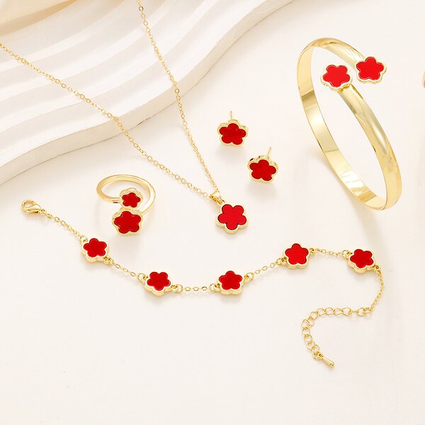 Clover Jewelry Set - Manufacturer - Vintage Gold-Plated Alloy Acrylic Bracelet Necklace Ring Earrings