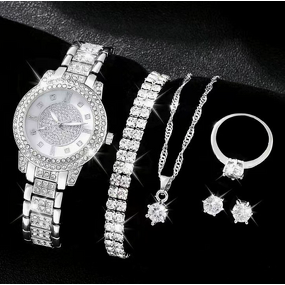 Rose Alloy Jewelry Set - Manufacturer - Women's Trendy Hip Hop Bling Rhinestone Necklace Watch Stylish