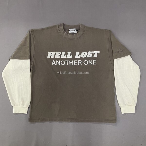 Men's Long Sleeve T-Shirt - Manufacturer - TS008 Waffle Knit Acid Washed Double Layer Letter Custom