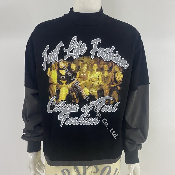 Unisex t Shirt - Manufacturer - TS2965 Double Layer Patchwork Acid Wash Cotton Oversized Print