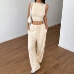 Women's Lounge Set - Manufacturer - Summer Mock Neck Wide Leg Crop Pants