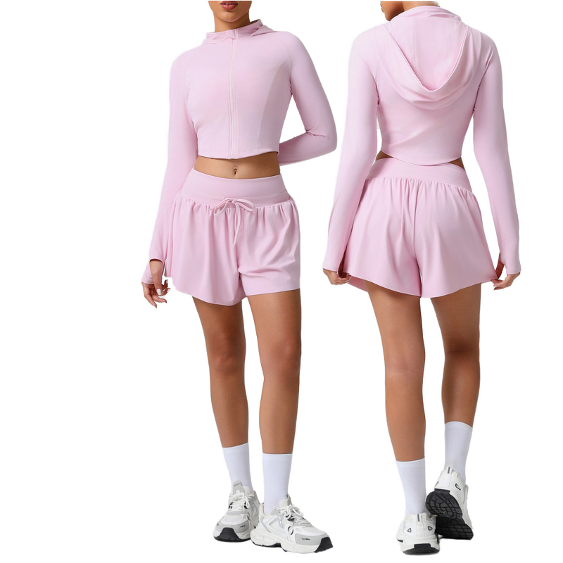 Women's Tracksuit Set - Manufacturer - Breathable Hooded Zip Sweatshirt Shorts