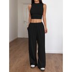 Women's Lounge Set - Manufacturer - Summer Mock Neck Wide Leg Crop Pants