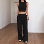 Women's Lounge Set - Manufacturer - Summer Mock Neck Wide Leg Crop Pants