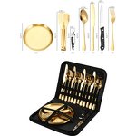 Cutlery Set Manufacturer - Outdoor Picnic Portable Bag Packing Gold with Spoon Fork Steak Knife Opener Plate