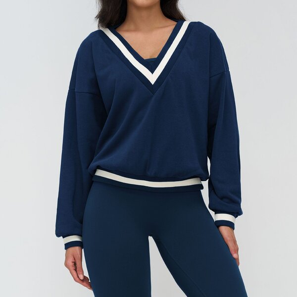 Fitness Top Manufacturer - Women's Casual Running V Neck Colour-Blocking Breathable Hoodies