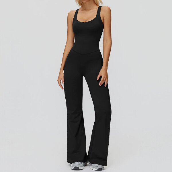Yoga Bodysuit Manufacturer - Fitness Loungewear Casual Unitard Cross Back Wide-Leg Flared