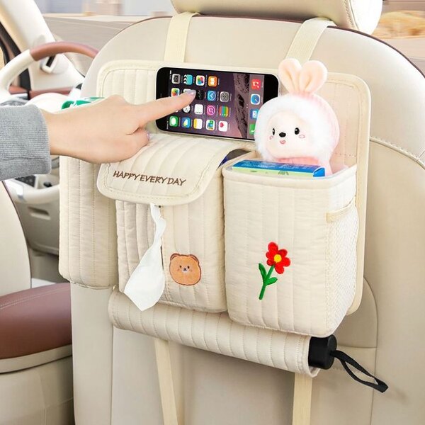 Backseat Organizer Manufacturer - Cute Bear Car Tissue Holder Clear Phone Pocket