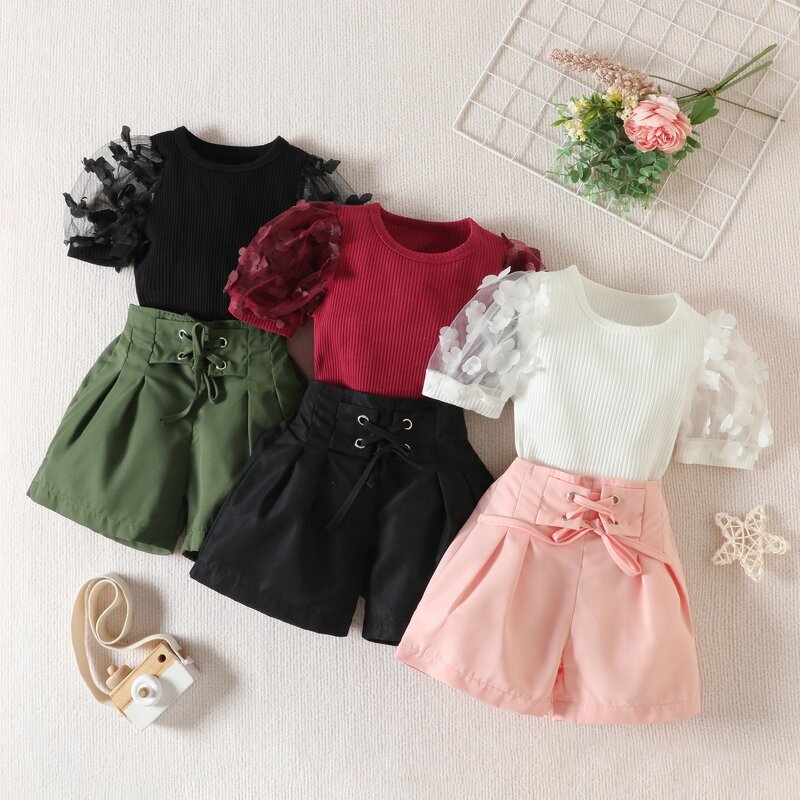 Girls Two Piece Set Manufacturer - Summer Mesh Puff Sleeve O Neck Tops Lace up Shorts