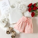 Girls Two Piece Set Manufacturer - Summer Mesh Puff Sleeve O Neck Tops Lace up Shorts