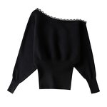 Women's Knitted Sweater Manufacturer - Black Beading Asymmetrical Design Long Sleeve