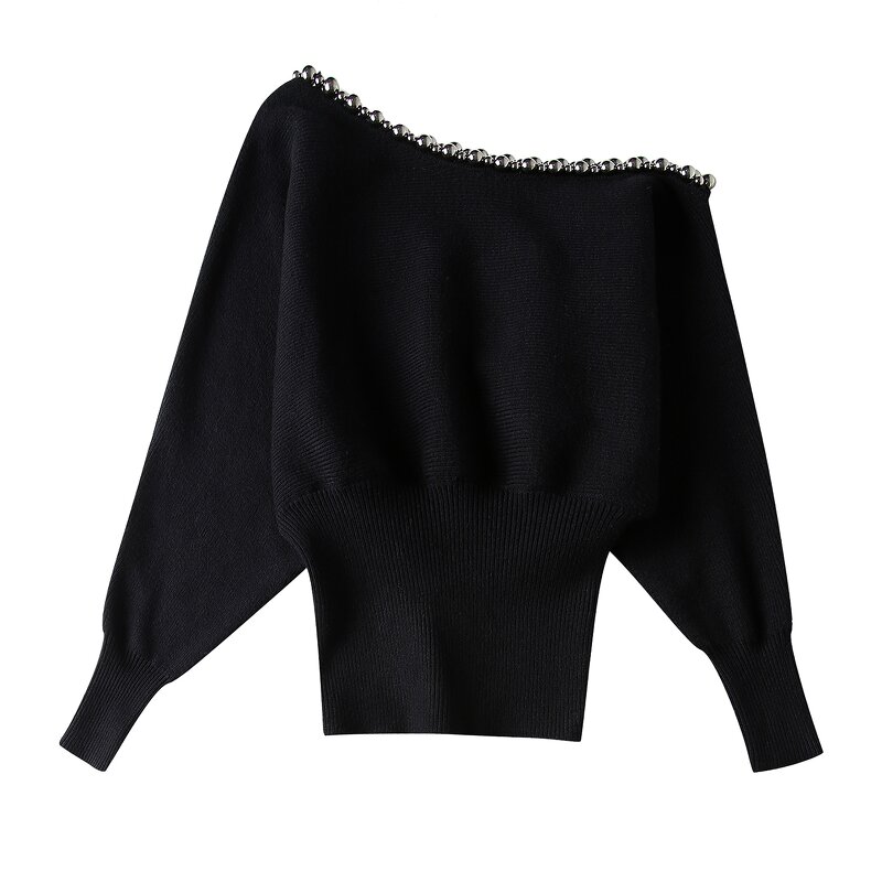 Women's Knitted Sweater Manufacturer - Black Beading Asymmetrical Design Long Sleeve