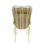 Women's Satin Vest Manufacturer - Green White Lace Patchwork Waist-slimming Sexy Top