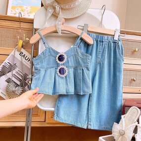 Girls Clothing Set Manufacturer - 2024 Summer Sleeveless Denim V Neck Wide Leg Pants