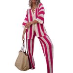 Women's Knit Set Manufacturer - Casual Vneck Hollow Striped Shirt Wide Leg Pants