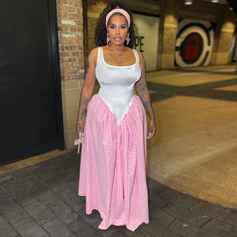 Women's Maxi Dress Manufacturer - Casual Slim Camisole Patchwork Plaid Print Loose