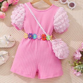 Girls Jumpsuit Manufacturer - 2024 Summer Puffed Sleeves Striped Back Crossover With Bag