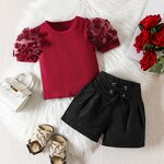 Girls Two Piece Set Manufacturer - Summer Mesh Puff Sleeve O Neck Tops Lace up Shorts