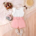 Girls Clothing Set Manufacturer - 2024 Summer Ruffle Off Shoulder Tops Pink Shorts