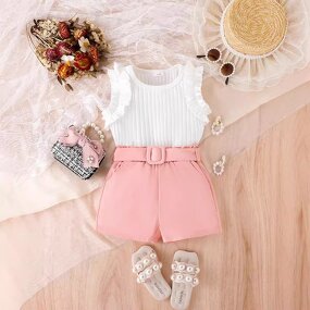 Girls Clothing Set Manufacturer - 2024 Summer Ruffle Off Shoulder Tops Pink Shorts