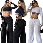 Women's Two Piece Set Manufacturer - Full Sleeve Sexy Navel Top High Waist Straight Pants