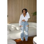 Women's Jeans Manufacturer - Straight Leg Boot Cut Dark Denim Rhinestone Tassels Hip Hop