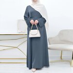 Muslim Satin Dress Manufacturer - Djellaba Round Neck Belt Plus Size Long Sleeve