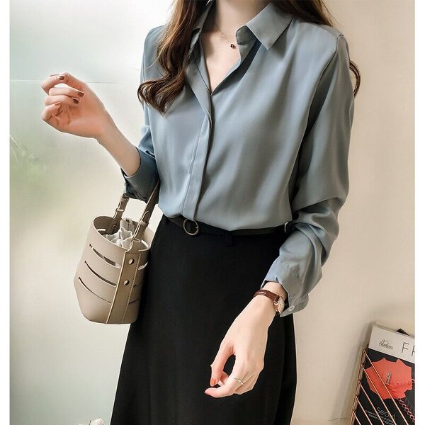 Women's Chiffon Shirt Manufacturer - Autumn Pure Color V-neck Long Sleeve Business Wear