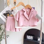Girls Clothing Set Manufacturer - Summer Short Sleeve Blazer Coat Ribbed Vest Shorts 3Pcs