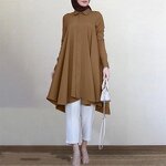 Muslim Blouse Manufacturer - Solid Turn-down Collar Swallowtail Curved Hem Long Sleeve