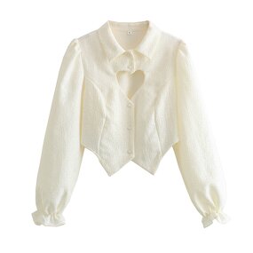 Women's Blouse Manufacturer - Front Hollow Out Beige Turn Down Collar Long Sleeve