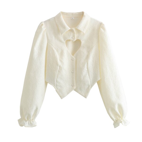 Women's Blouse Manufacturer - Front Hollow Out Beige Turn Down Collar Long Sleeve
