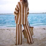 Women's Knit Set Manufacturer - 2024 Summer Vneck Hollow Striped Shirt Wide Leg Pants