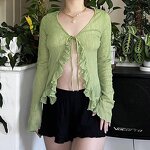 Women's Blouse Manufacturer - Ruffled V Collar Lace-up Irregular Sheer Long Sleeve