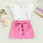 Girls Clothing Set Manufacturer - 1-5Y Lace Flying Sleeve Vest Top Button Skirt With Belt