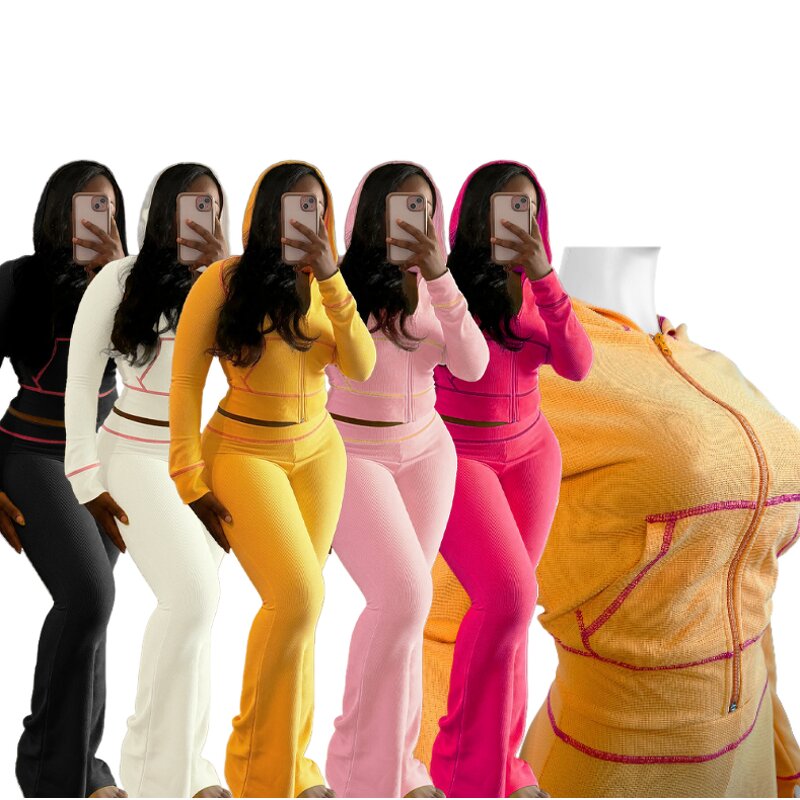 Women's Two Piece Set Manufacturer - Hooded Tops Flare Pants Waffle Striped 2024 Autumn