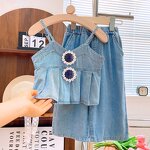 Girls Clothing Set Manufacturer - 2024 Summer Sleeveless Denim V Neck Wide Leg Pants