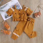 Girls Two Piece Set Manufacturer - 2024 Summer Off Shoulder Blouse Button Belt Pants